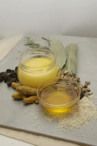 Bowls filled with a ghee and Food Ingredients