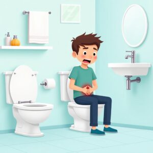 a boy sitting on commode demonstrating stomach pain while micturition and doing poop